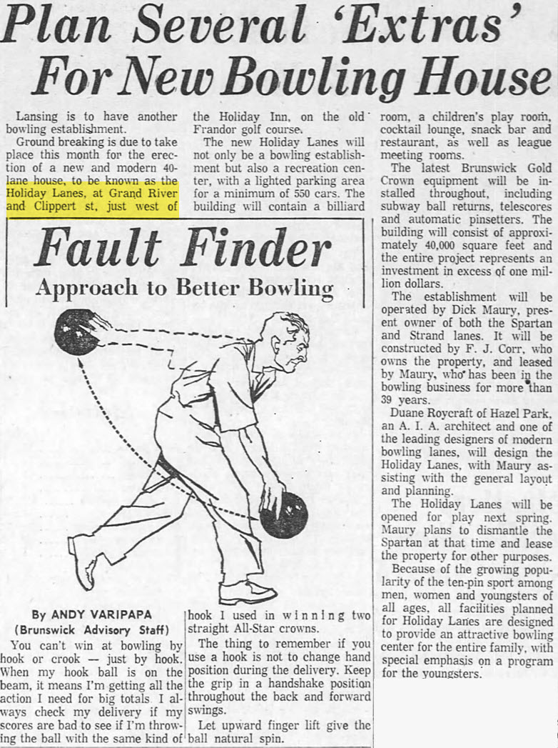 Spare Time Entertainment Center (Holiday Lanes) - Sun  Nov 5 1961 Opening Article